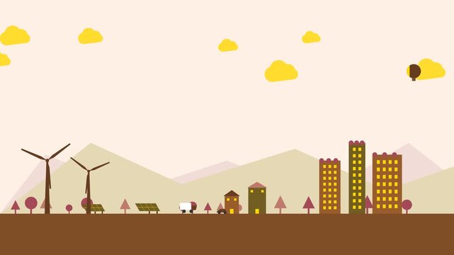 Eco city landscape with wind turbines and modern buildings in flat vector style