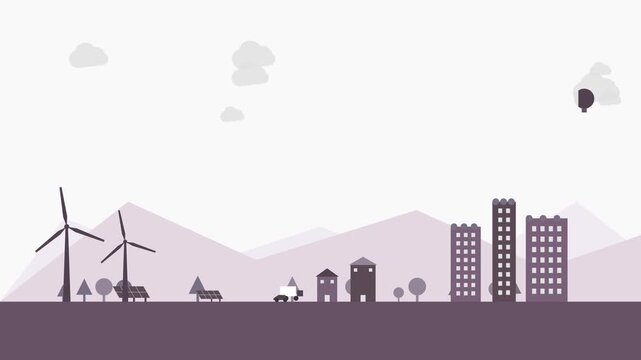 Eco city skyline with wind turbines and solar panels in a flat vector style