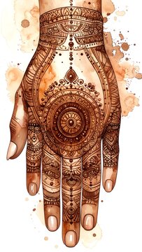 A hand adorned with intricate henna designs on the palm and fingers