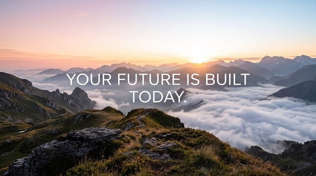 Motivational mountain landscape with inspirational quote.
