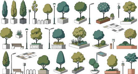 Obraz premium Isometric vector illustration set of modern urban furniture architecture elements and potted trees for city park planning and commercial landscaping mockups