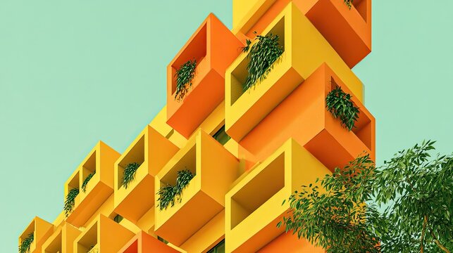 Modern geometric building with staggered balconies and lush greenery