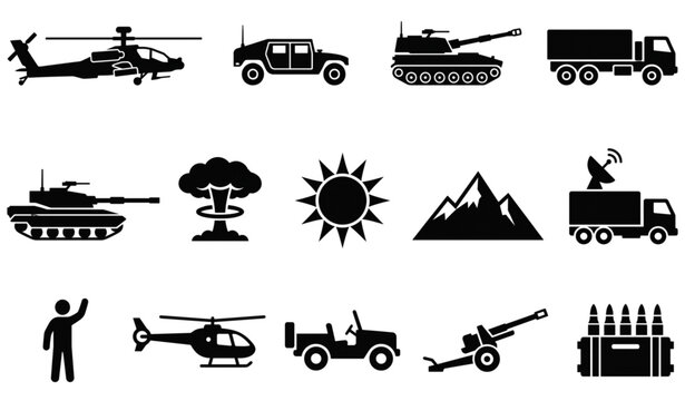 ​Military forces and tactical army vector icons set isolated on white background flat battlefield weapons illustration tank helicopter explosion line design