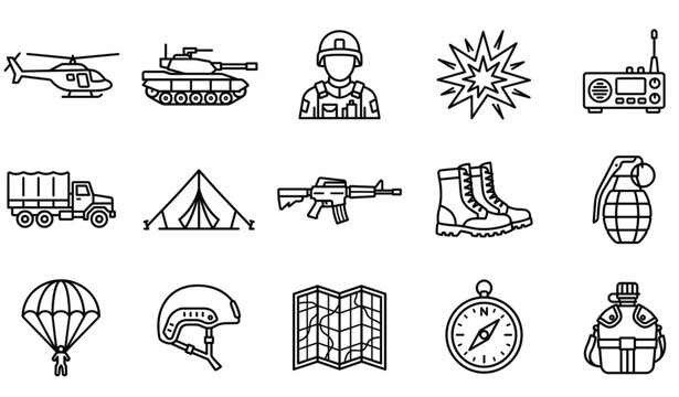 Military combat and army equipment vector icons set isolated on white background flat war battlefield illustration tank soldier grenade line design