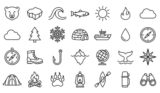 Arctic expedition and winter camping vector icons set isolated on white background flat polar adventure illustration snowflake igloo compass line design