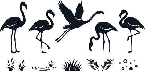Naklejka premium Minimalist flamingo silhouette vector illustration set with tropical grass and palm leaves for modern branding laser cutting and stencil design