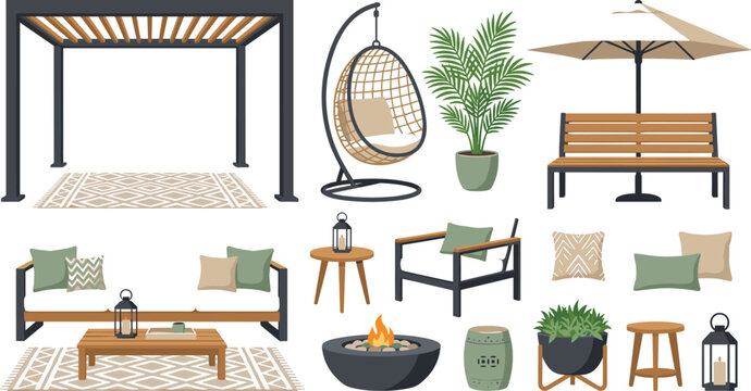 Modern outdoor patio furniture and backyard garden decor vector illustration set isolated on white background for landscape design marketing layouts