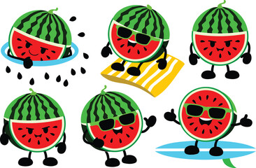 Fototapeta premium Adorable watermelon mascots engaging in various summer activities like swimming, sunbathing, and surfing