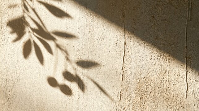 Sunlit textured wall casts shadow of olive branches and fruits