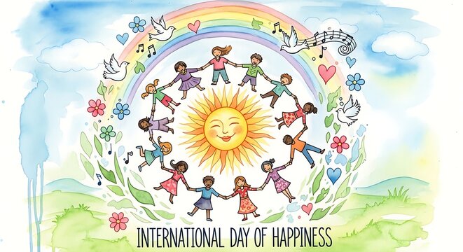 Joyful Illustration of International Day of Happiness with Children and Sun.