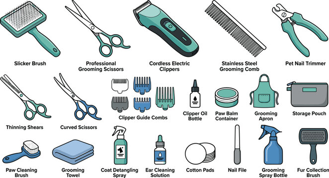  Professional pet grooming tools vector icon set featuring electric clippers scissors combs and brushes for dog salon branding and care infographics