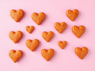 Obraz premium Hearts made from burger patties arranged in a pattern on a pink pastel background, sweet, heart-shaped