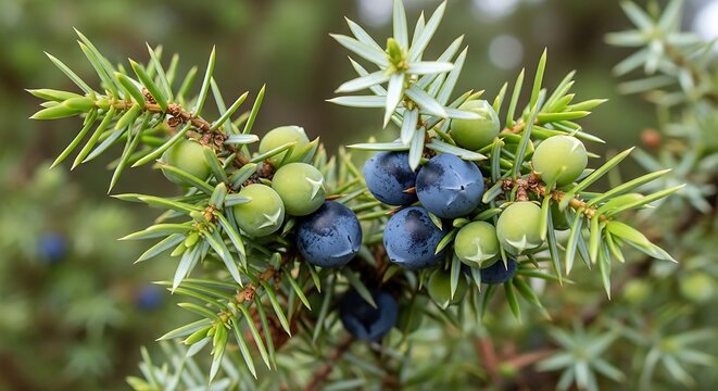 Juniper berries on green foliage branch.