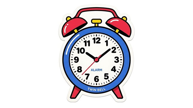 Classic Alarm Clock: A cartoon-style analog alarm clock with a blue face, red bells, and a white background. This iconic time-telling device is ready to wake you up!