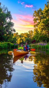 Kayaking on a calm river at sunset.