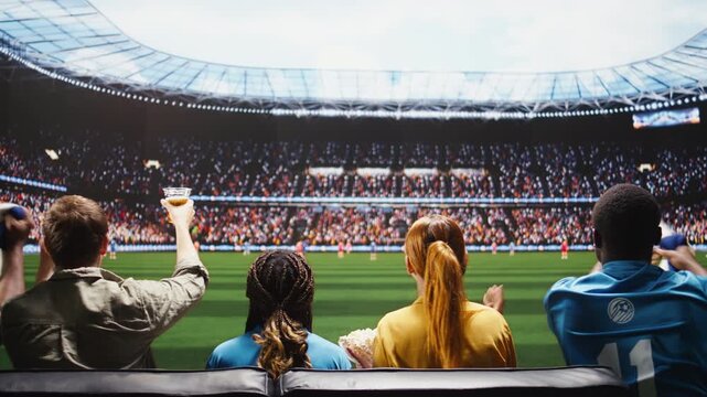 Close-up scene showing football fans watching a soccer match at home with beer cups as immersive sports broadcast brings stadium realism into the living room.
