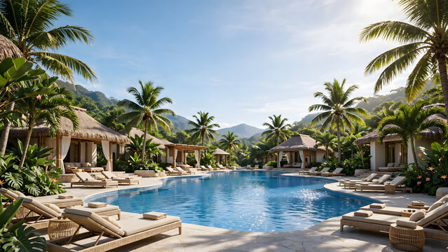 Luxury tropical resort featuring a crystal-clear pool, palm trees, elegant villas, and lush mountain scenery under a bright blue sky.
