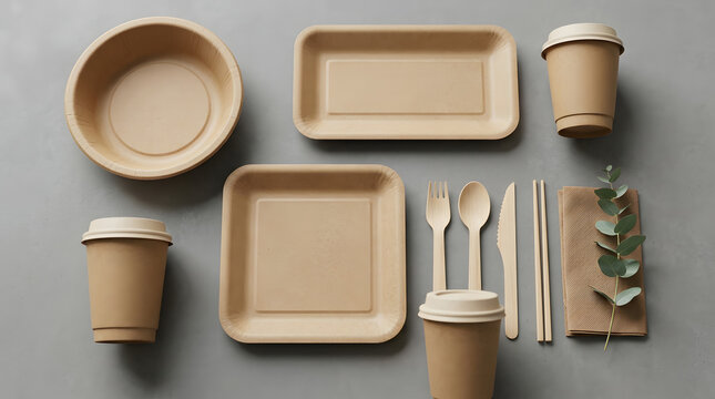 Eco friendly biodegradable tableware set with cutlery and cups on gray background
