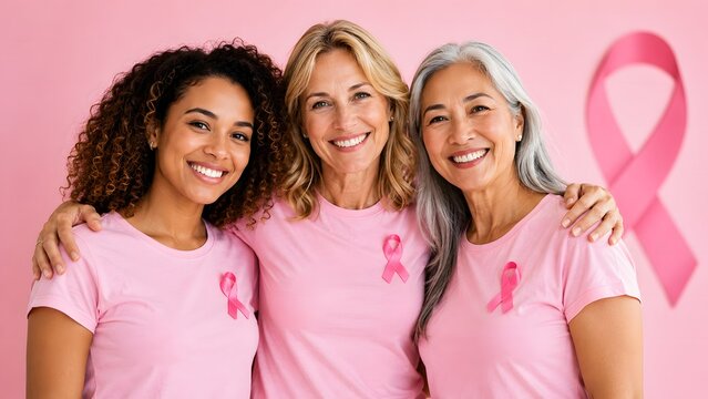 Three diverse happy women wearing pink t-shirts with breast cancer awareness ribbons standing together smiling for support and solidarity in a charity campaign for health and medical awareness