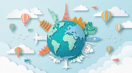 Naklejka premium Global Sightseeing Vacation Banner in Layered Paper Craft Aesthetic