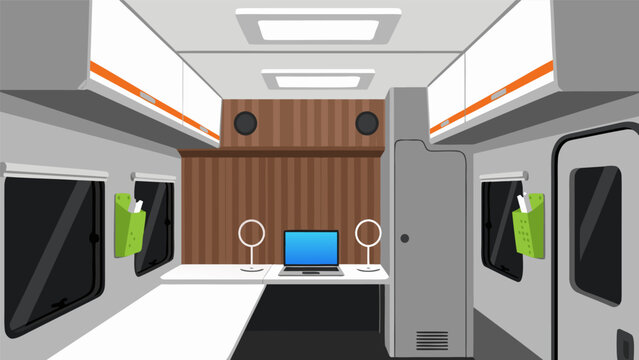 A futuristic train interior with a computer and speakers on a wooden panel