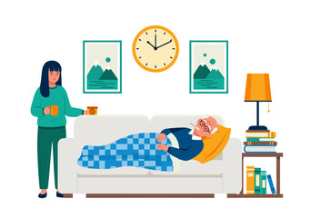 Woman stands beside a man sleeping on a couch in a living room with a clock © Grogolan