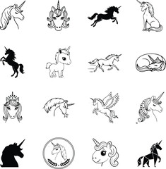 Obraz premium Various unicorn illustrations and icons in black and white