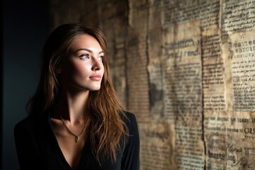 Fototapeta premium Woman gazing thoughtfully near old documents