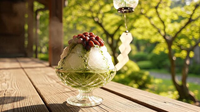 日本家屋の縁側で風に揺れる風鈴をバックに美しく盛り付けられた抹茶と小豆の宇治金時かき氷が涼を呼ぶ風景動画