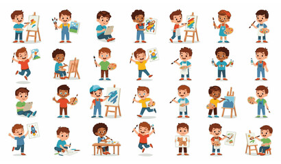 Fototapeta premium Kids Painting Boy Character Flat Cartoon Vector Illustration Collection