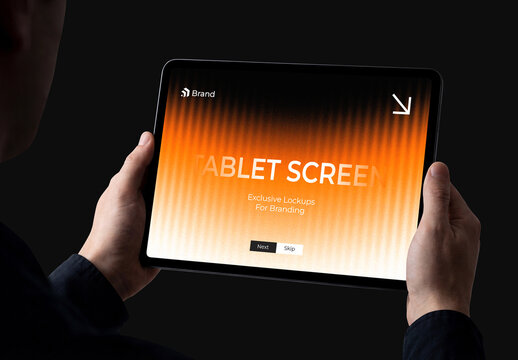 Hands Holding Tablet Screen Mockup on Dark
