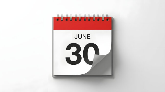 Desktop calendar page on white background showing June 30 date with red header and silver spiral binding