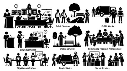 Obraz premium Set of icons depicting municipal government and community public services.