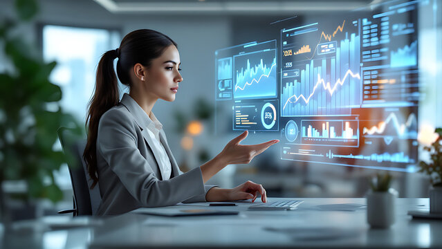 Businesswoman analyzing holographic financial data charts with futuristic interface and laptop in modern office