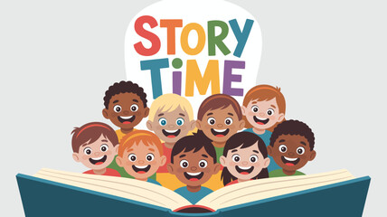 Fototapeta premium Group of diverse young children smiling from behind an open blue book with STORY TIME text