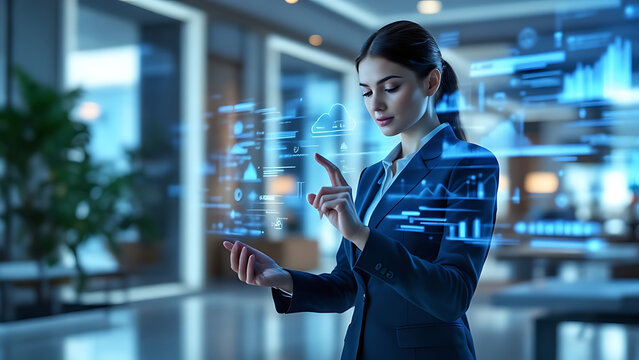 Businesswoman interacting with holographic financial data visualization in a modern office environment