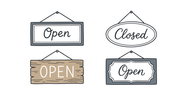 Hand drawn vector open and closed hanging door signs collection for retail shop storefront, boutique, restaurant, or cafe business.