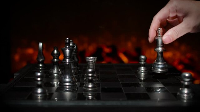 Silver chess pieces arranged on a board in a close-up with dramatic warm orange fire-like bokeh background creating depth.