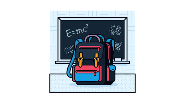 Backpack on Desk with Chalkboard "E=mc&sup2;" - Education Concept
