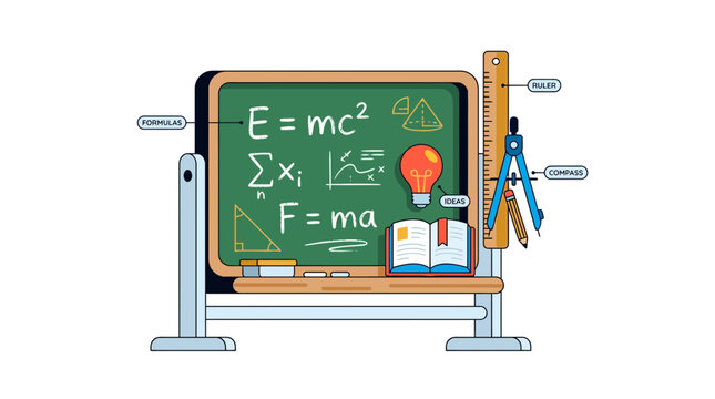 Blackboard with Math Formulas, Lightbulb, and School Supplies