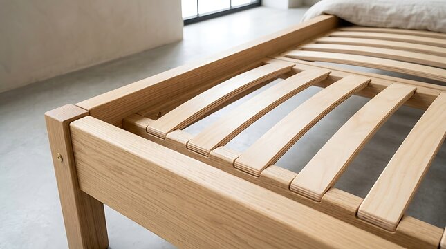 Modern Minimalist Wooden Bed Frame with Slatted Base Corner Detail