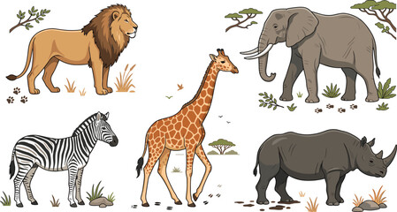 Vector illustration of African safari wild animals set with lion elephant giraffe zebra and rhinoceros for children education books or zoo branding © AdhinChandra