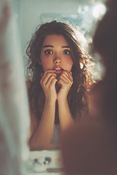 Woman looking at mirror with concern