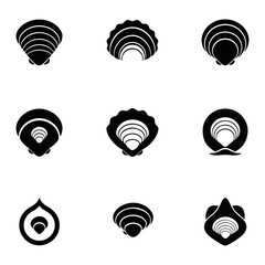 Collection of nine distinct bivalve mollusk shells rendered in a striking black silhouette against a neutral surface showcasing varied seashell designs and marine life decorative elements for a © Trioyoayo
