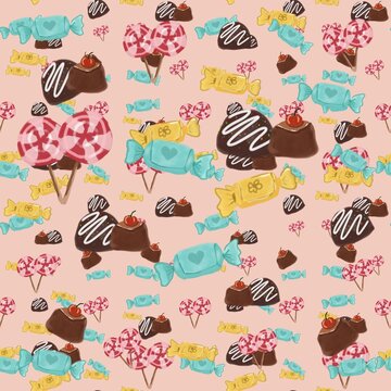 Seamless pattern with hand-drawn colorful candies, lollipops, and chocolates, festive sweet background.