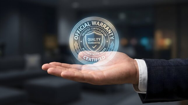 Official Warranty Certified Quality Guarantee Badge Hologram in Business Hand for Product Authentication and Trust Concept