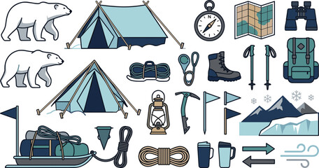 Vector illustration set of arctic camping gear polar bears and mountain expedition elements for extreme outdoor adventure commercial marketing © AdhinChandra