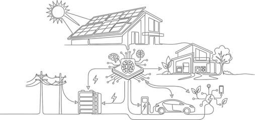 Fototapeta premium Eco friendly home energy system, solar power illustration, sustainable living concept, renewable energy vector