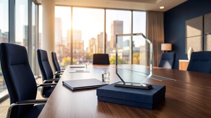 Fototapeta premium Glass Corporate Award Trophy on Wooden Boardroom Table in Modern Office with City View at Sunset, Business Success Concept