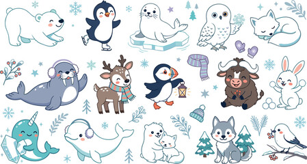 Vector illustration set of cute arctic animals winter characters and snowflakes for children books holiday decoration and commercial greeting card design © AdhinChandra